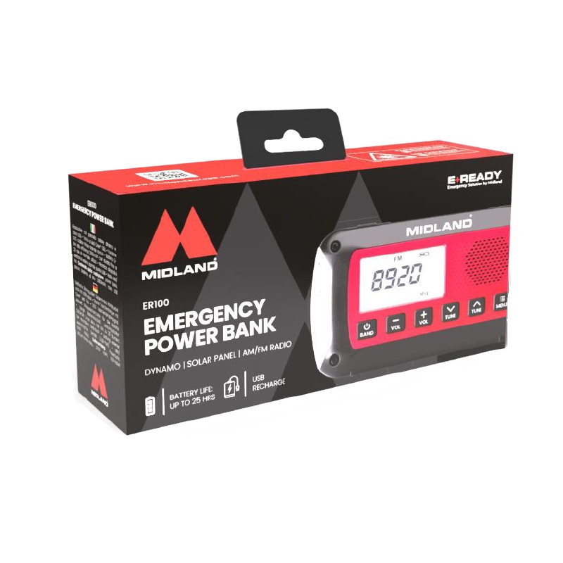 RADIO ALARMOWE MIDLAND ER100 AM/FM dynamo/solar/USB latarka 2600mAh Li-Ion